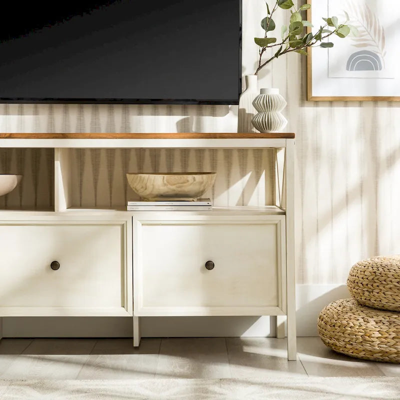 Meuble TV Rustique à 3 Tiroirs 60" – Noir/Chêne Rustique | Blanc Vieilli/Gris | Blanc Vieilli/Chêne Rustique