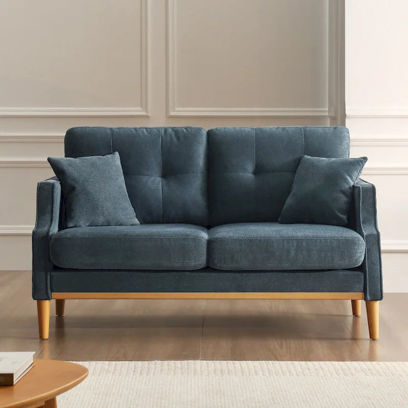 Canapé causeuse 2 places style Mid-Century avec ports USB – Bleu clair / Crème / Bleu foncé