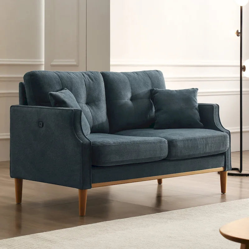 Canapé causeuse 2 places style Mid-Century avec ports USB – Bleu clair / Crème / Bleu foncé