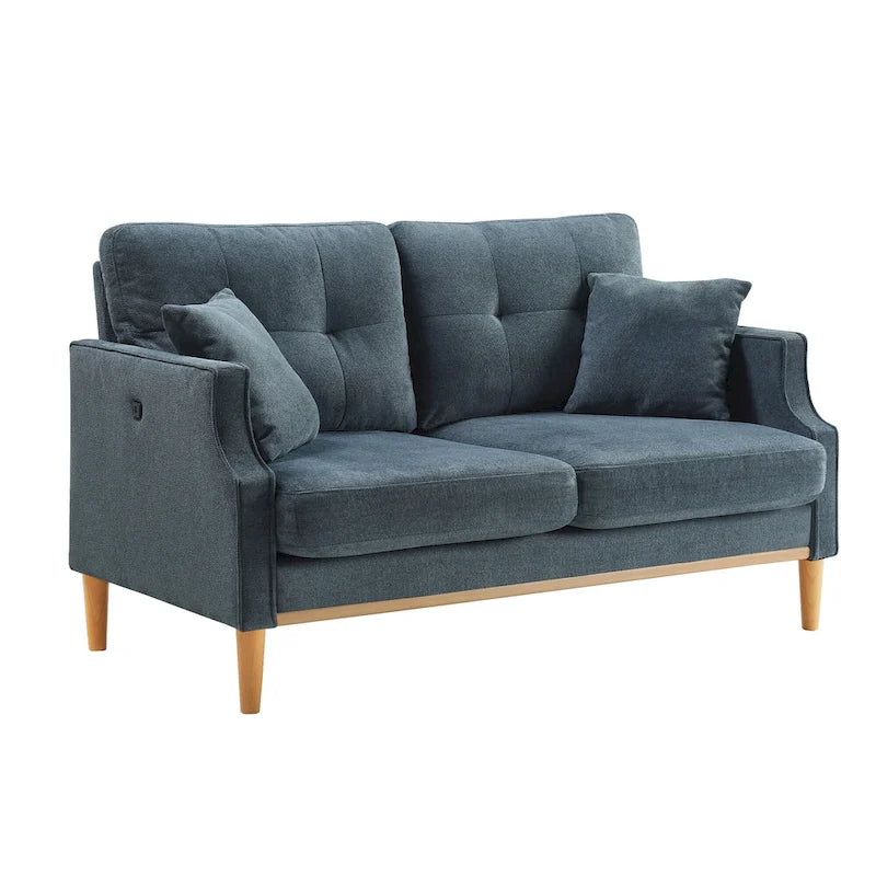 Canapé causeuse 2 places style Mid-Century avec ports USB – Bleu clair / Crème / Bleu foncé