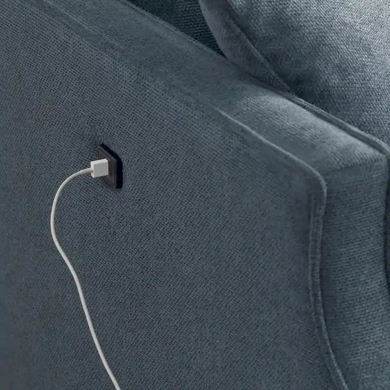 Canapé causeuse 2 places style Mid-Century avec ports USB – Bleu clair / Crème / Bleu foncé