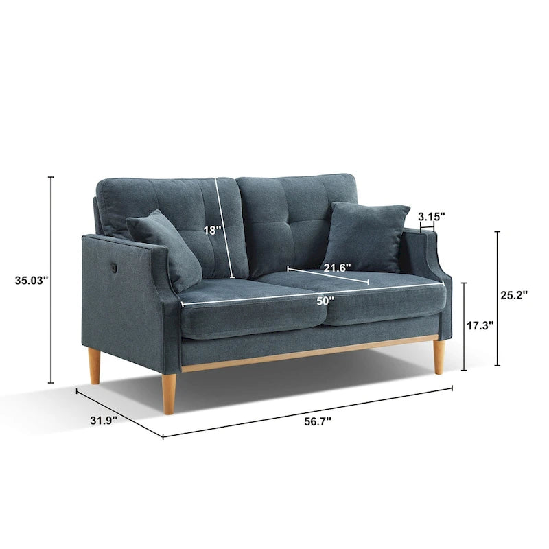 Canapé causeuse 2 places style Mid-Century avec ports USB – Bleu clair / Crème / Bleu foncé