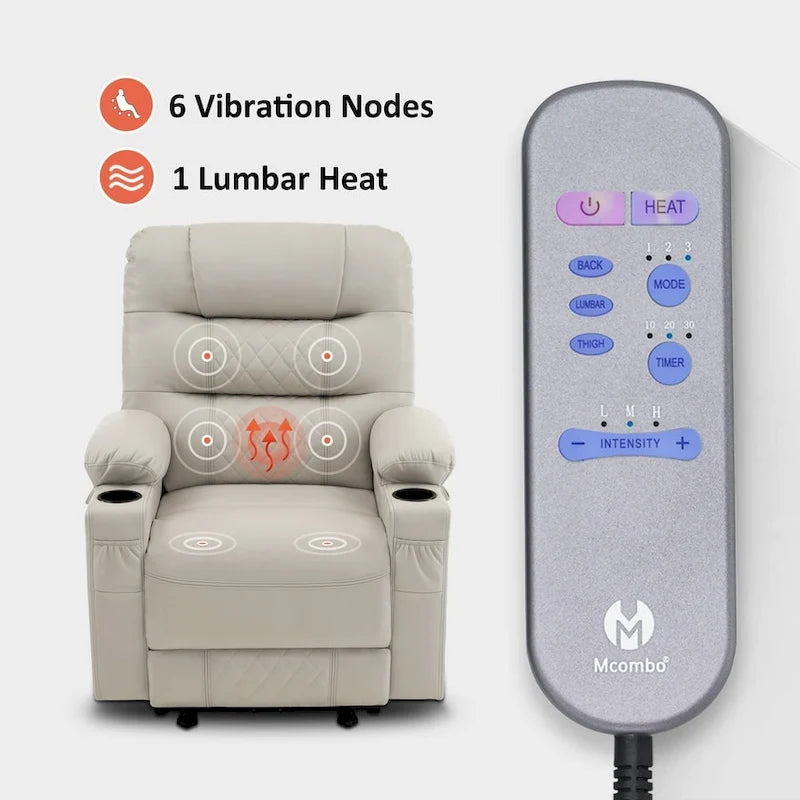 Fauteuil inclinable électrique avec fonctions chauffage et massage, en similicuir, 1 place