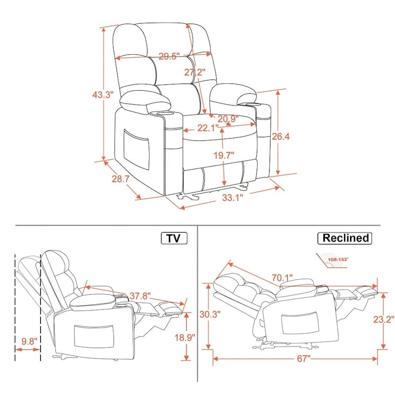 Fauteuil inclinable électrique avec fonctions chauffage et massage, en similicuir, 1 place