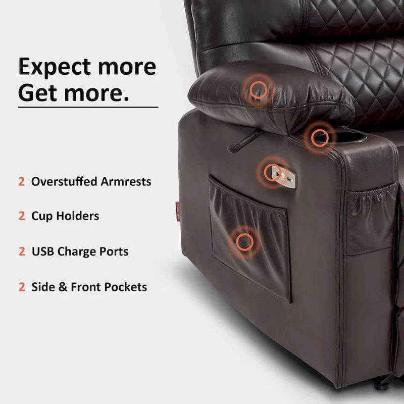 Fauteuil inclinable électrique avec fonctions chauffage et massage, en similicuir, 1 place