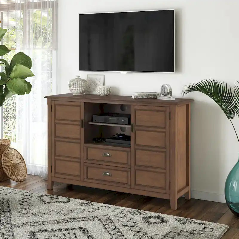 Meuble TV en bois massif transitionnel multicolore pour téléviseurs jusqu'à 60" | 54 larg. x 17,5 prof. x 36 haut. po.