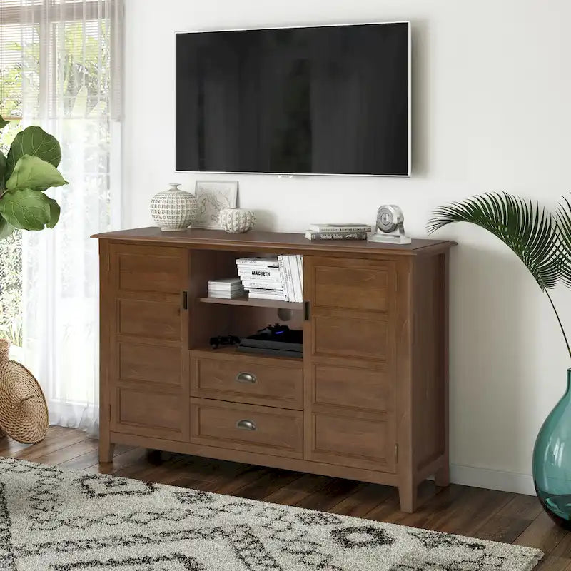 Meuble TV en bois massif transitionnel multicolore pour téléviseurs jusqu'à 60" | 54 larg. x 17,5 prof. x 36 haut. po.