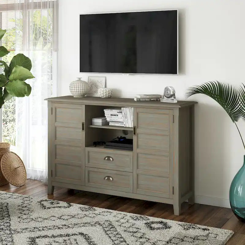 Meuble TV en bois massif transitionnel multicolore pour téléviseurs jusqu'à 60" | 54 larg. x 17,5 prof. x 36 haut. po.