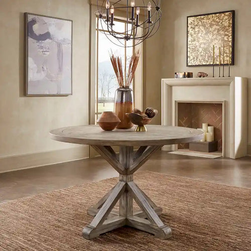 Table à manger ronde gris antique – Style pied central rustique, 4-8 places