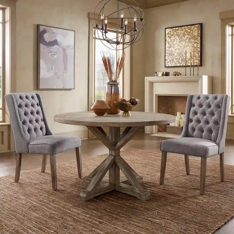 Table à manger ronde gris antique – Style pied central rustique, 4-8 places
