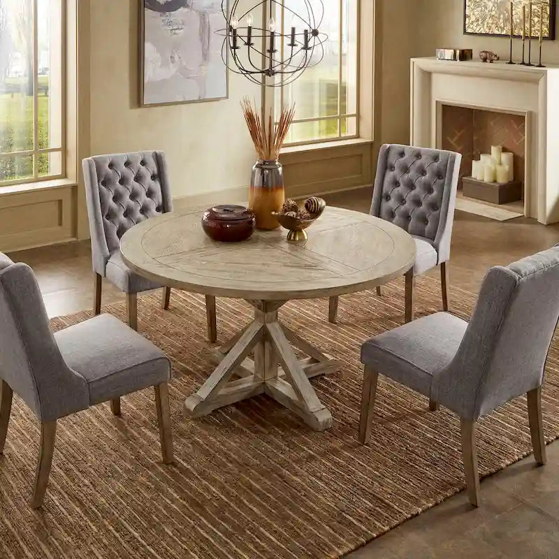 Table à manger ronde gris antique – Style pied central rustique, 4-8 places