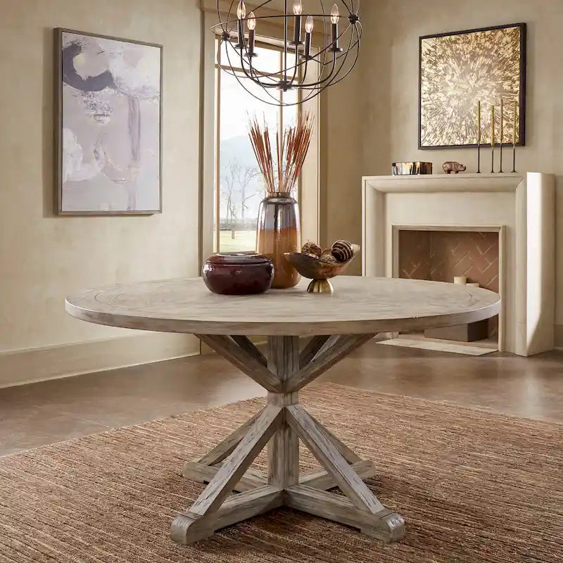 Table à manger ronde gris antique – Style pied central rustique, 4-8 places