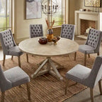 Table à manger ronde gris antique – Style pied central rustique, 4-8 places