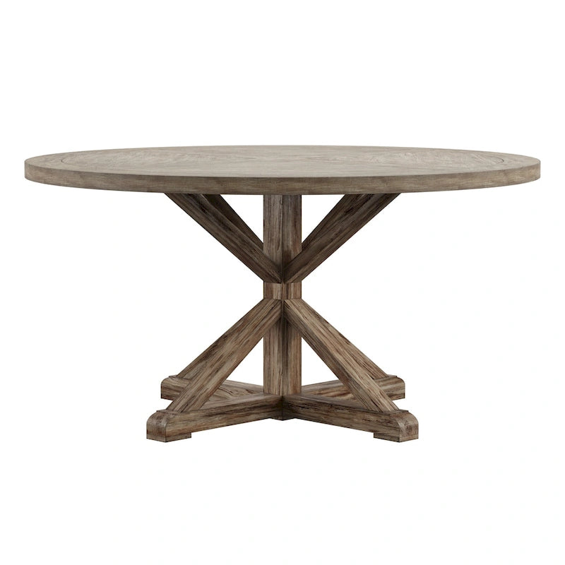 Table à manger ronde gris antique – Style pied central rustique, 4-8 places