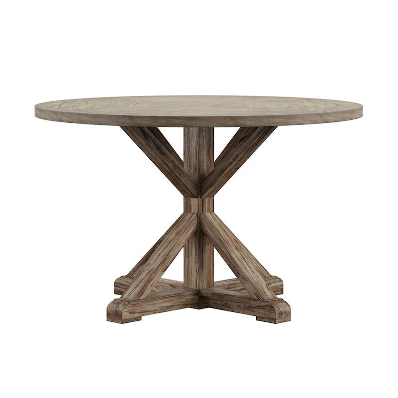 Table à manger ronde gris antique – Style pied central rustique, 4-8 places
