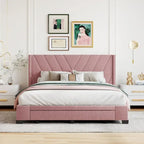 Lit plateforme Queen tapissé en lin avec 3 tiroirs, rose/bleu/beige/gris, 2 personnes