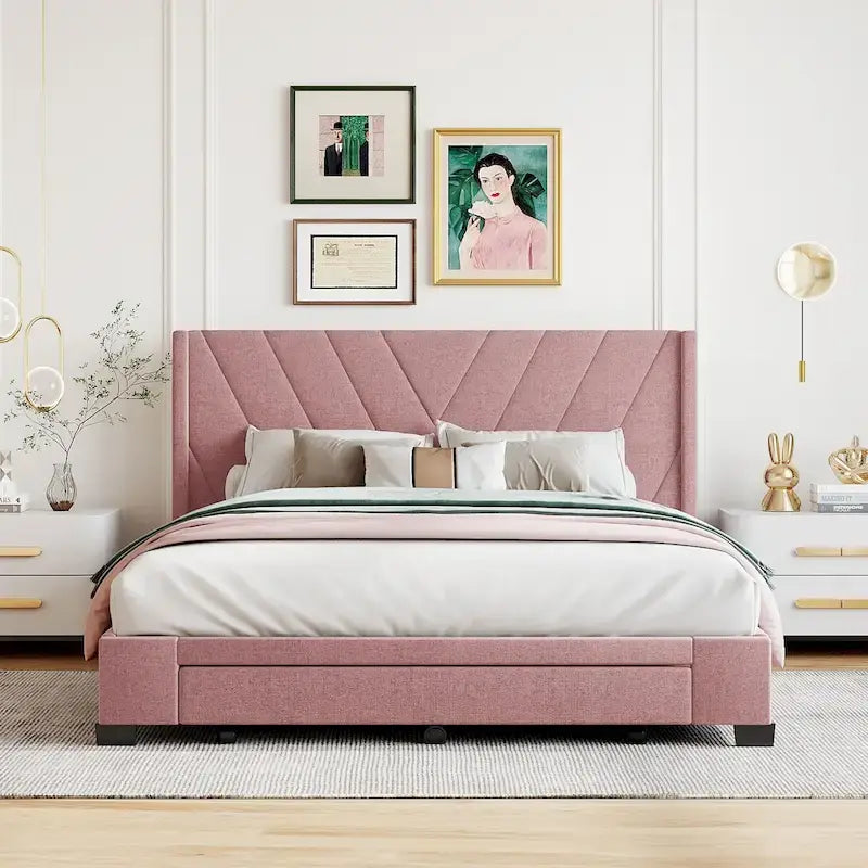 Lit plateforme Queen tapissé en lin avec 3 tiroirs, rose/bleu/beige/gris, 2 personnes