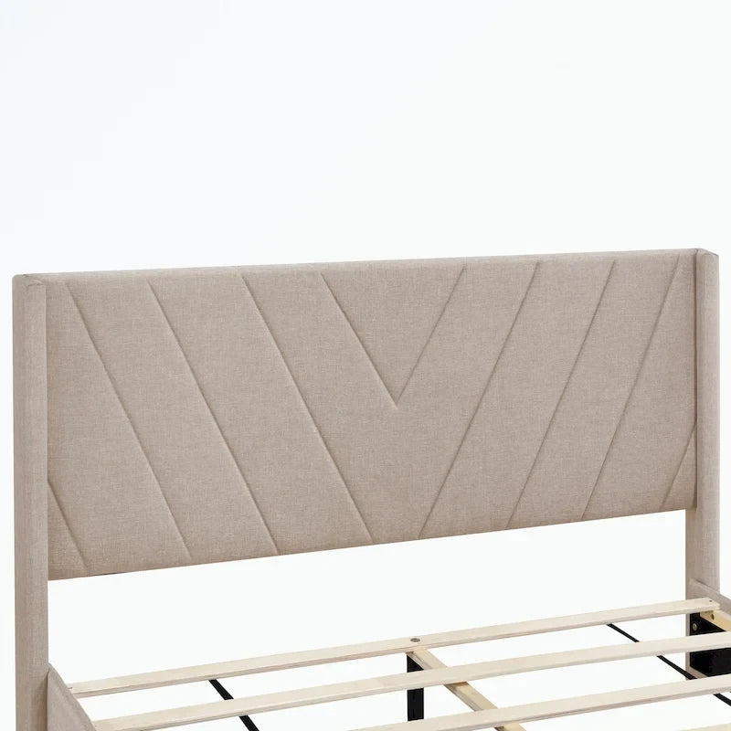 Lit plateforme Queen tapissé en lin avec 3 tiroirs, rose/bleu/beige/gris, 2 personnes