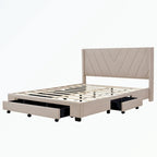 Lit plateforme Queen tapissé en lin avec 3 tiroirs, rose/bleu/beige/gris, 2 personnes