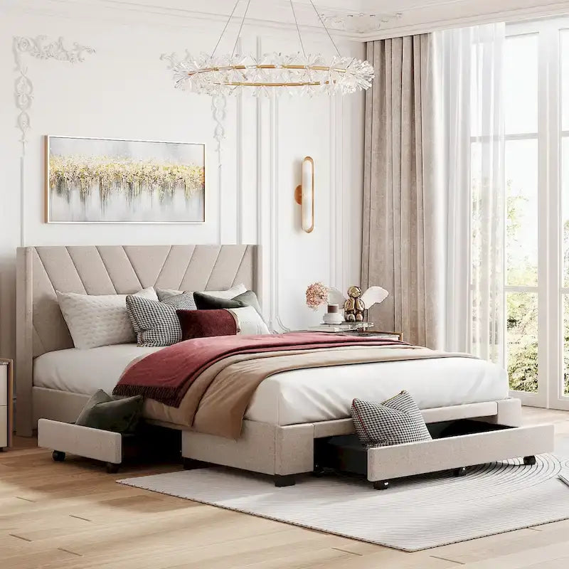 Lit plateforme Queen tapissé en lin avec 3 tiroirs, rose/bleu/beige/gris, 2 personnes