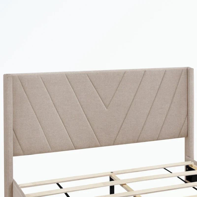 Lit plateforme Queen tapissé en lin avec 3 tiroirs, rose/bleu/beige/gris, 2 personnes