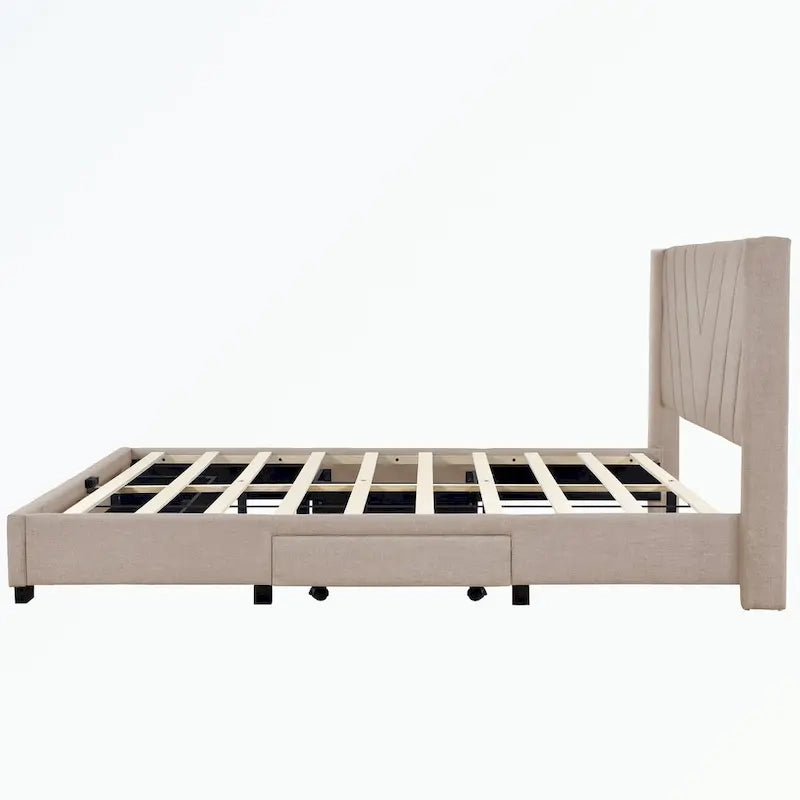 Lit plateforme Queen tapissé en lin avec 3 tiroirs, rose/bleu/beige/gris, 2 personnes