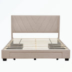 Lit plateforme Queen tapissé en lin avec 3 tiroirs, rose/bleu/beige/gris, 2 personnes