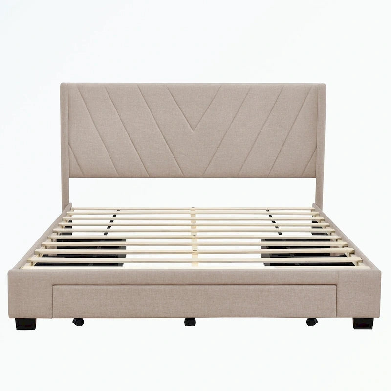 Lit plateforme Queen tapissé en lin avec 3 tiroirs, rose/bleu/beige/gris, 2 personnes