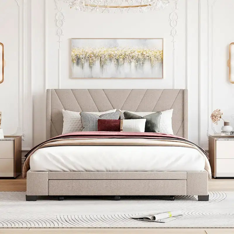 Lit plateforme Queen tapissé en lin avec 3 tiroirs, rose/bleu/beige/gris, 2 personnes