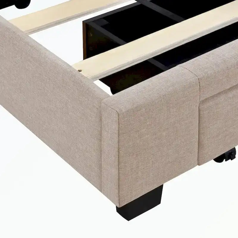 Lit plateforme Queen tapissé en lin avec 3 tiroirs, rose/bleu/beige/gris, 2 personnes
