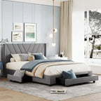 Lit plateforme Queen tapissé en lin avec 3 tiroirs, rose/bleu/beige/gris, 2 personnes