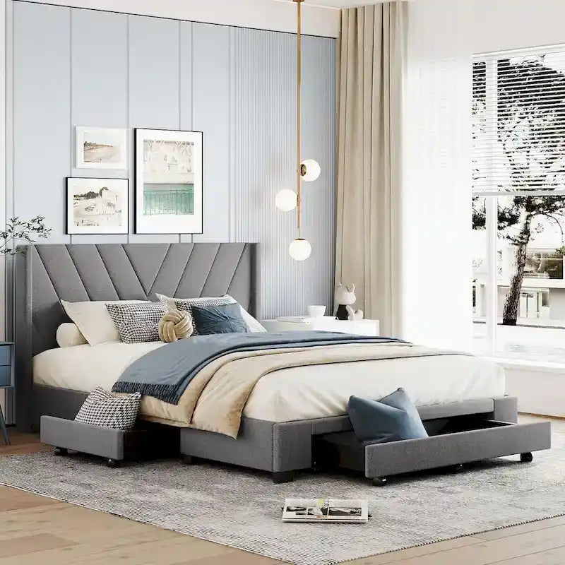 Lit plateforme Queen tapissé en lin avec 3 tiroirs, rose/bleu/beige/gris, 2 personnes