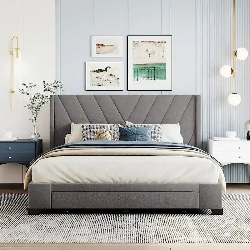 Lit plateforme Queen tapissé en lin avec 3 tiroirs, rose/bleu/beige/gris, 2 personnes