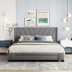 Lit plateforme Queen tapissé en lin avec 3 tiroirs, rose/bleu/beige/gris, 2 personnes