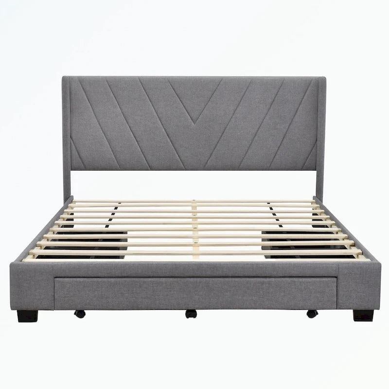 Lit plateforme Queen tapissé en lin avec 3 tiroirs, rose/bleu/beige/gris, 2 personnes