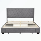 Lit plateforme Queen tapissé en lin avec 3 tiroirs, rose/bleu/beige/gris, 2 personnes