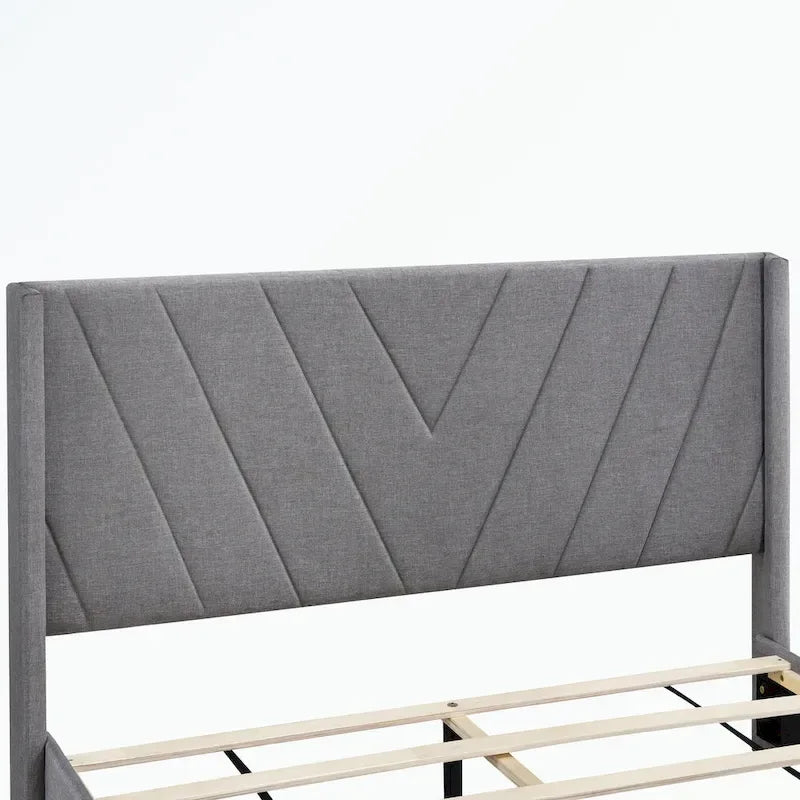 Lit plateforme Queen tapissé en lin avec 3 tiroirs, rose/bleu/beige/gris, 2 personnes