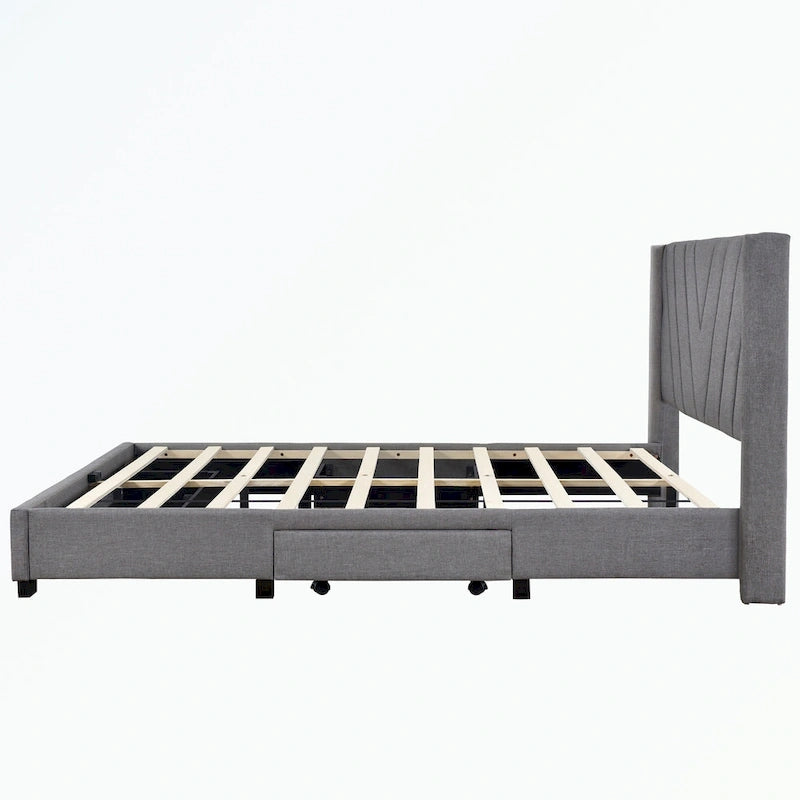 Lit plateforme Queen tapissé en lin avec 3 tiroirs, rose/bleu/beige/gris, 2 personnes