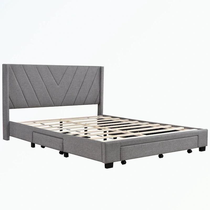 Lit plateforme Queen tapissé en lin avec 3 tiroirs, rose/bleu/beige/gris, 2 personnes