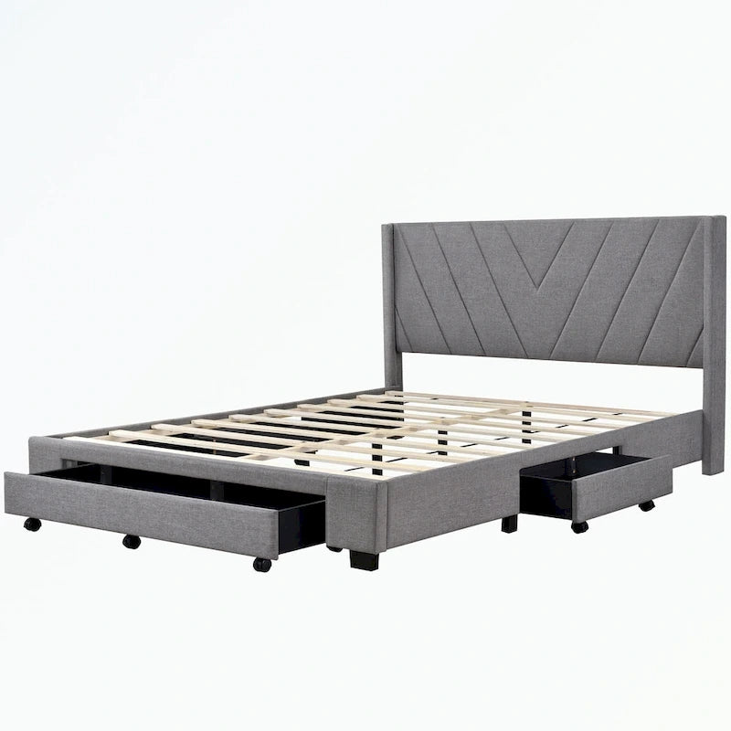 Lit plateforme Queen tapissé en lin avec 3 tiroirs, rose/bleu/beige/gris, 2 personnes