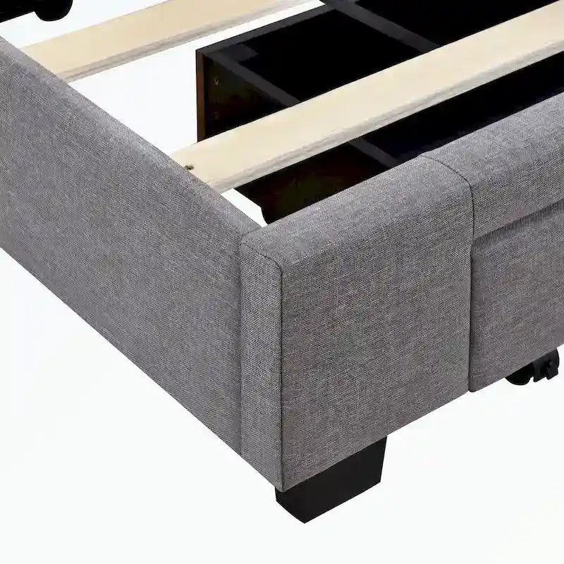 Lit plateforme Queen tapissé en lin avec 3 tiroirs, rose/bleu/beige/gris, 2 personnes