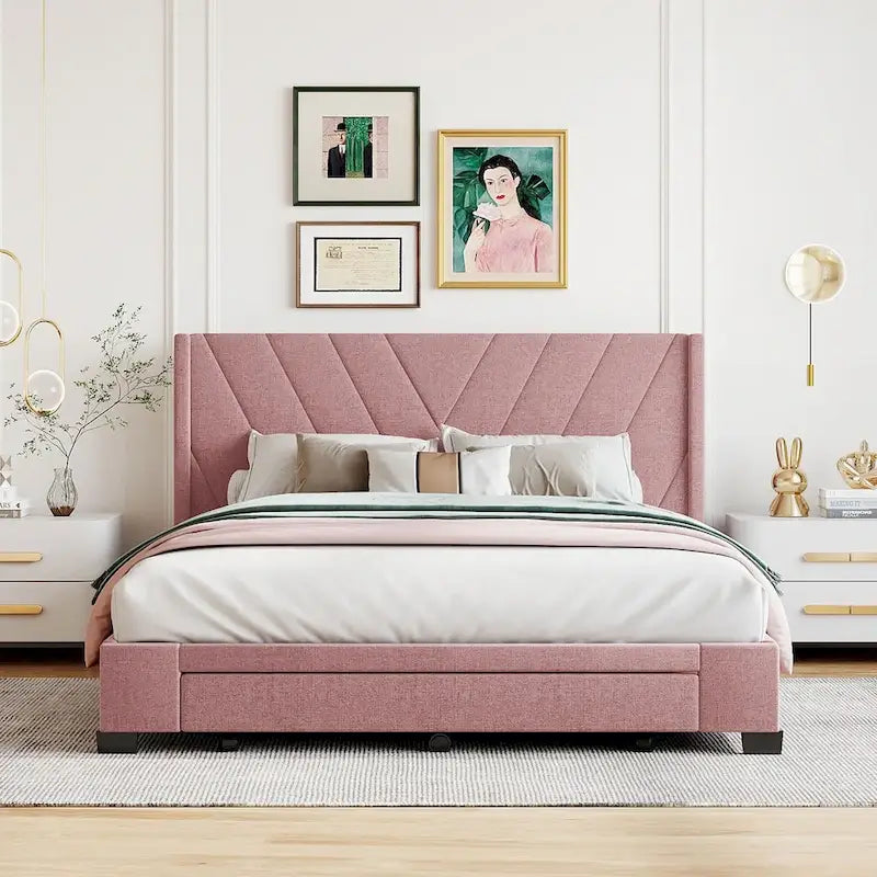 Lit plateforme Queen tapissé en lin avec 3 tiroirs, rose/bleu/beige/gris, 2 personnes