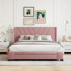Lit plateforme Queen tapissé en lin avec 3 tiroirs, rose/bleu/beige/gris, 2 personnes