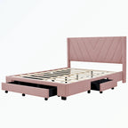 Lit plateforme Queen tapissé en lin avec 3 tiroirs, rose/bleu/beige/gris, 2 personnes