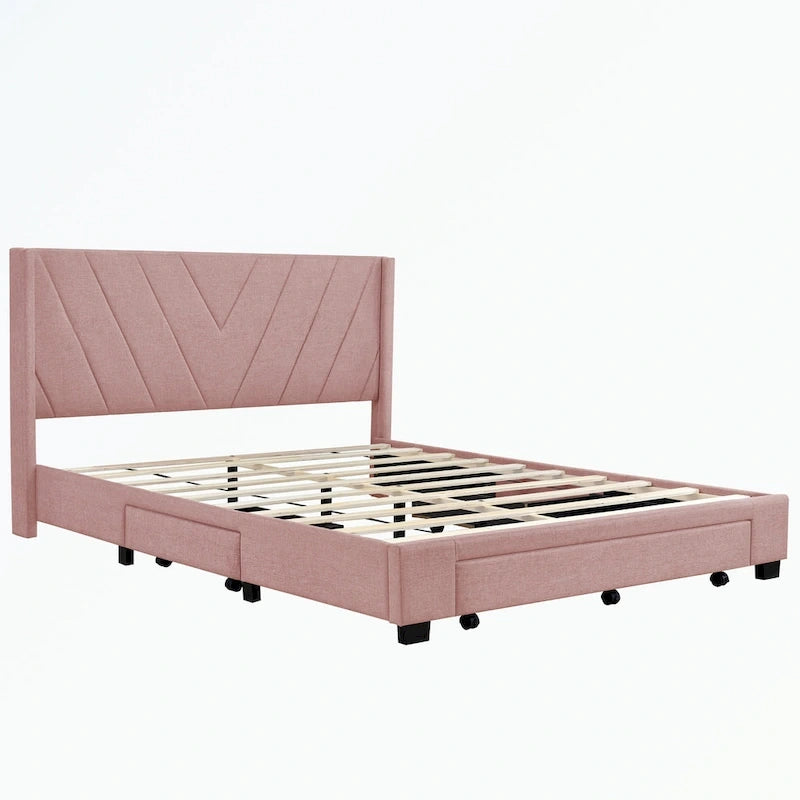 Lit plateforme Queen tapissé en lin avec 3 tiroirs, rose/bleu/beige/gris, 2 personnes