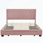 Lit plateforme Queen tapissé en lin avec 3 tiroirs, rose/bleu/beige/gris, 2 personnes