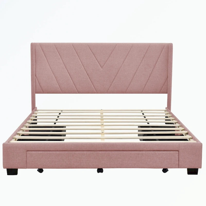 Lit plateforme Queen tapissé en lin avec 3 tiroirs, rose/bleu/beige/gris, 2 personnes