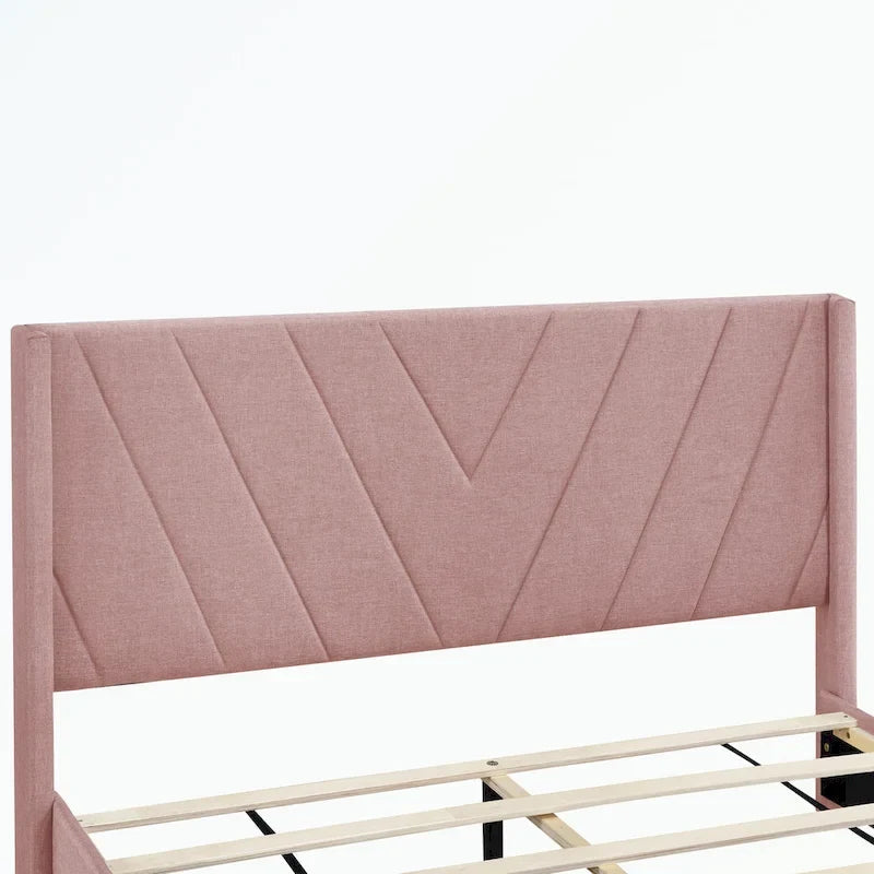 Lit plateforme Queen tapissé en lin avec 3 tiroirs, rose/bleu/beige/gris, 2 personnes