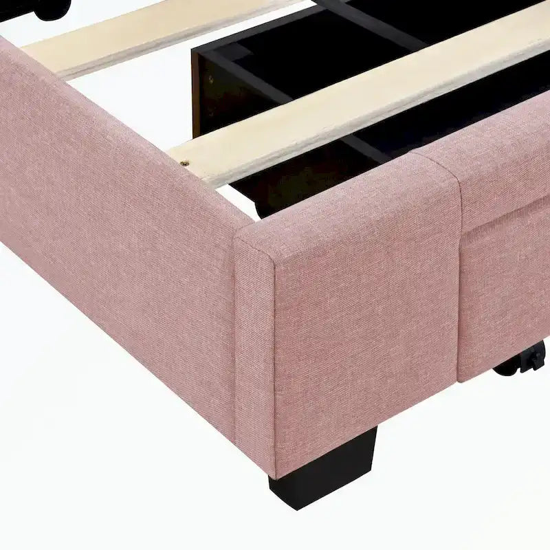 Lit plateforme Queen tapissé en lin avec 3 tiroirs, rose/bleu/beige/gris, 2 personnes