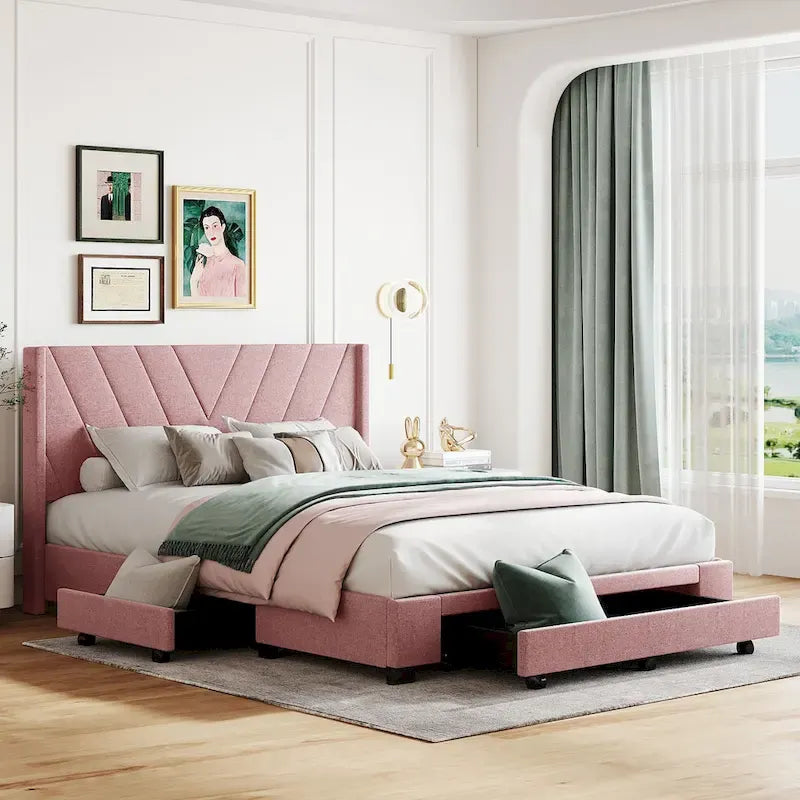 Lit plateforme Queen tapissé en lin avec 3 tiroirs, rose/bleu/beige/gris, 2 personnes